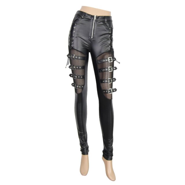 Wetlook synthetic leather pants Athena with buckles - size: M