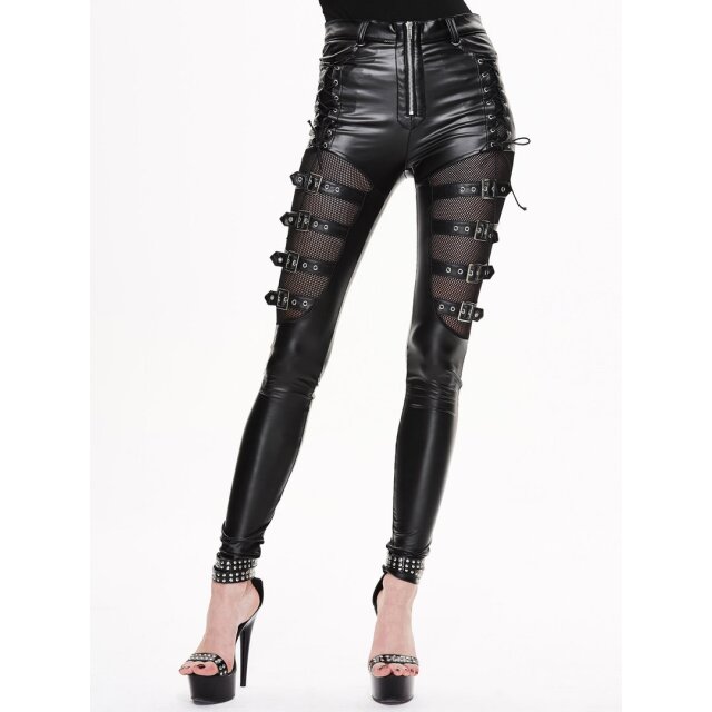 Wetlook synthetic leather pants Athena with buckles - size: M