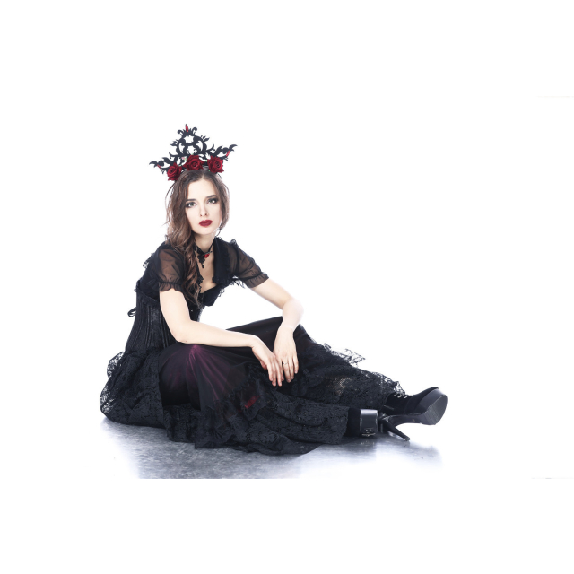 Gothic headdress / tiara / hairband Virgin with red rose blossoms and halo
