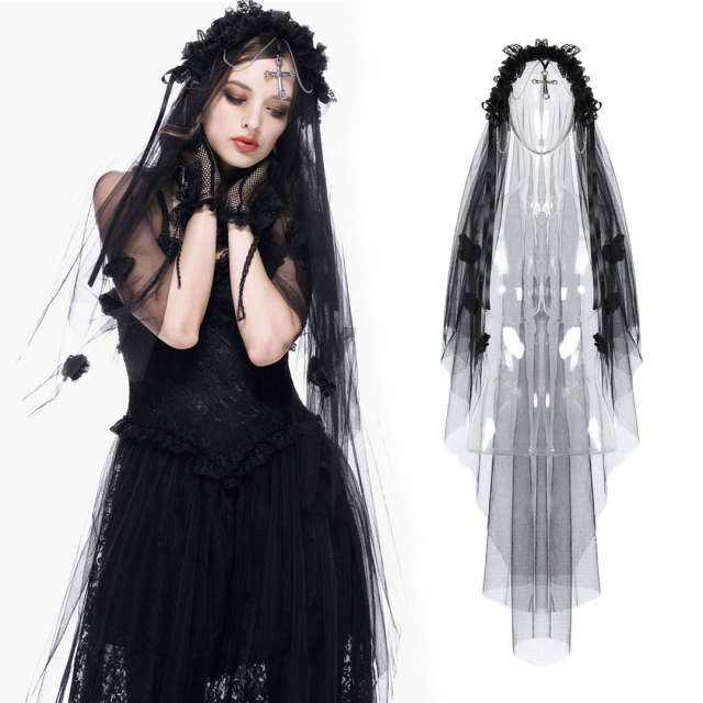 DARK IN LOVE AHW004 schwarzer Gothic Schleier mit Haarreif. Trauermode. Viktorianisches Damen Accessoire