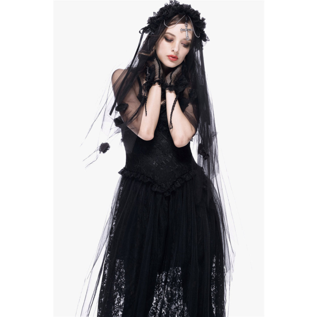 Gothic-Schleier Sinister Bride mit Haarreif, Kreuz und schwarzen Blüten von Dark in Love