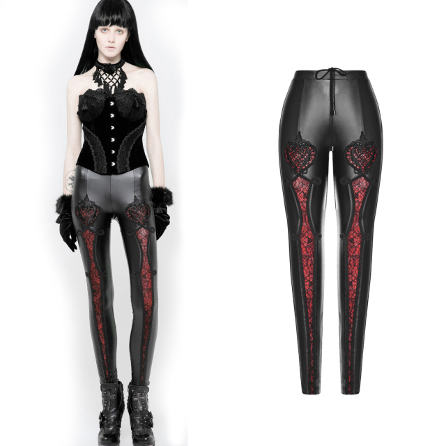 PUNK RAVE WK-328RD diabolically beautiful wet look stretch leggings in black with red underlaid lace inserts. Ladies Gothic & Medieval Clothing