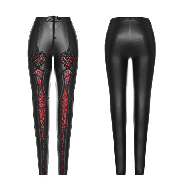 Wetlook stretch leggings Diabola with red lace insert - size: L