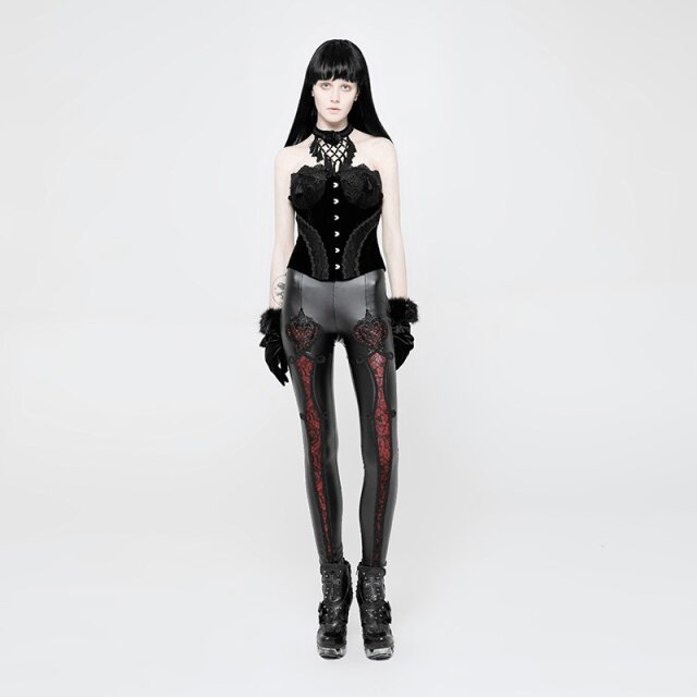 Wetlook Stretchleggings Diabola mit rotem Spitzeneinsatz - Größe: XS