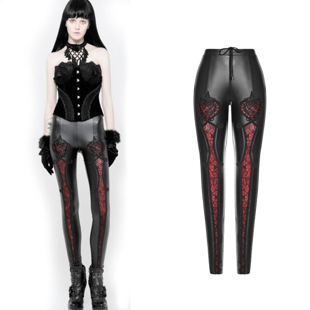 PUNK RAVE WK-328RD teuflisch schöne Wetlook Stretchleggings in schwarz mit rot unterlegten Spitzeneinsätzen. Damen Gothic & Mittelalter Kleidung