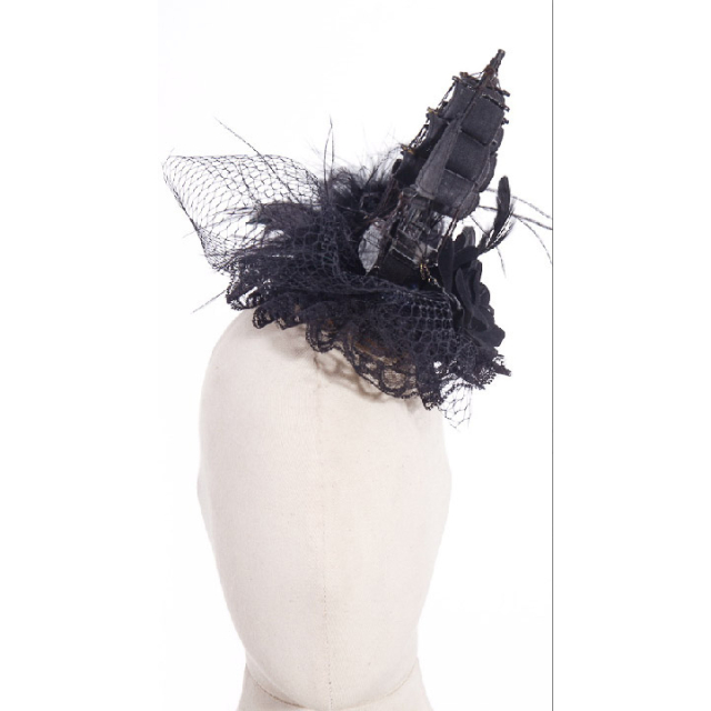 RQ-BL black fascinator headdress with sailing ship. gothic steampunk accessory