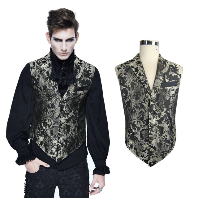Devil Fashion WT012 black gold colored short brocade vest for men. Gothic Steampunk Fashion