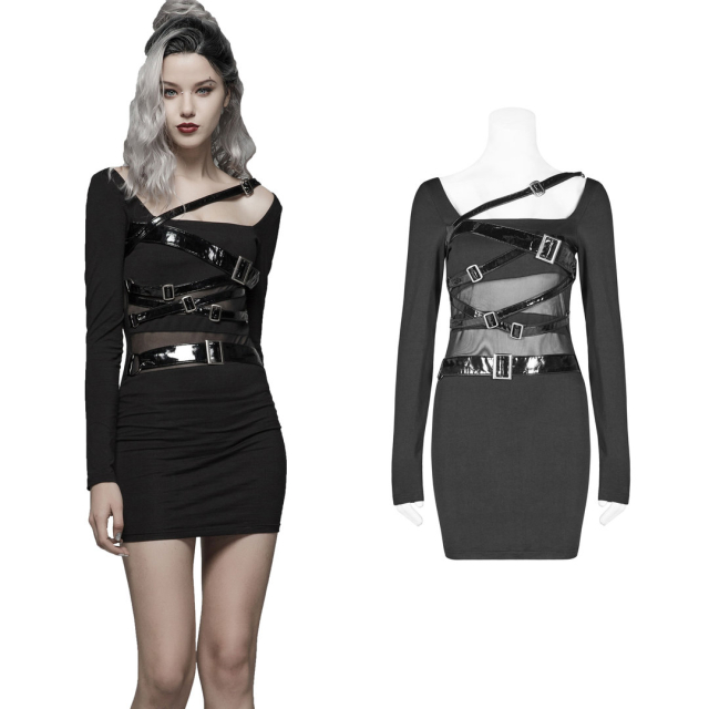 Punk-Rave WQ-425 schwarzes slim-fit Gothic Kleid mit Mesh Einsatz & Riemen. Alternative Damen Kleidung