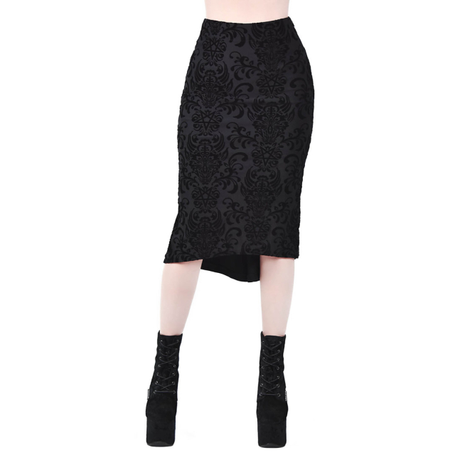 KILLSTAR pencil skirt Bloodlust with brocade tendril pattern, swallowtail and lacing