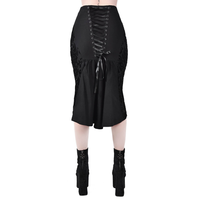 KILLSTAR pencil skirt Bloodlust with brocade tendril pattern, swallowtail and lacing
