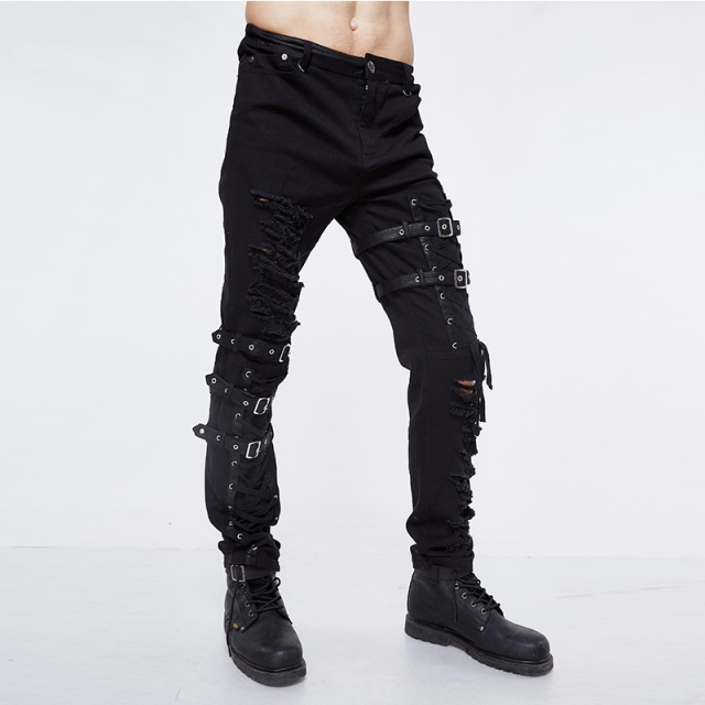 Punk- / Gothic-Stretch-Jeans Tornado in Destroyed Optik mit Riemen und Schnürung - Größe M