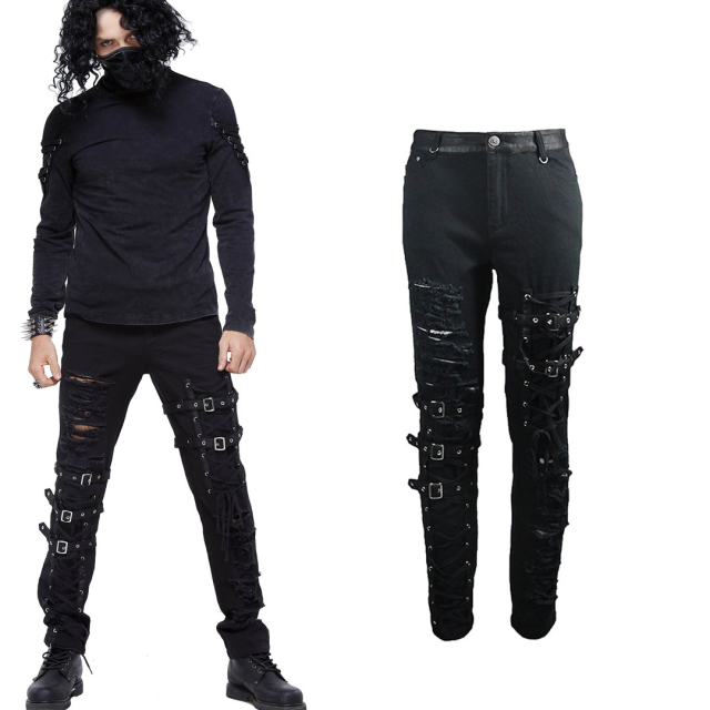 Punk- / Gothic-Stretch-Jeans Tornado in Destroyed Optik mit Riemen und Schnürung - Größe M