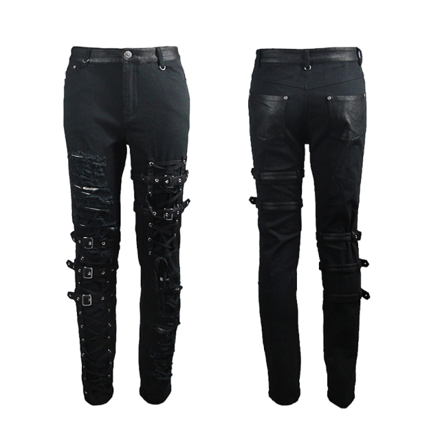 Punk- / Gothic-Stretch-Jeans Tornado in Destroyed Optik mit Riemen und Schnürung - Größe XL