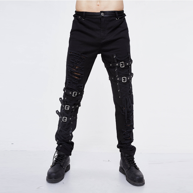 Punk- / Gothic-Stretch-Jeans Tornado in Destroyed Optik mit Riemen und Schnürung - Größe XL