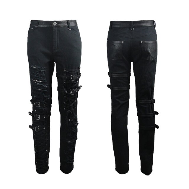 Punk- / Gothic-Stretch-Jeans Tornado in Destroyed Optik mit Riemen und Schnürung - Größe XXL