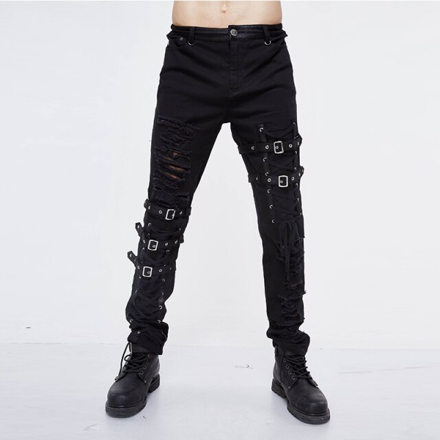 Punk- / Gothic-Stretch-Jeans Tornado in Destroyed Optik mit Riemen und Schnürung - Größe XXL