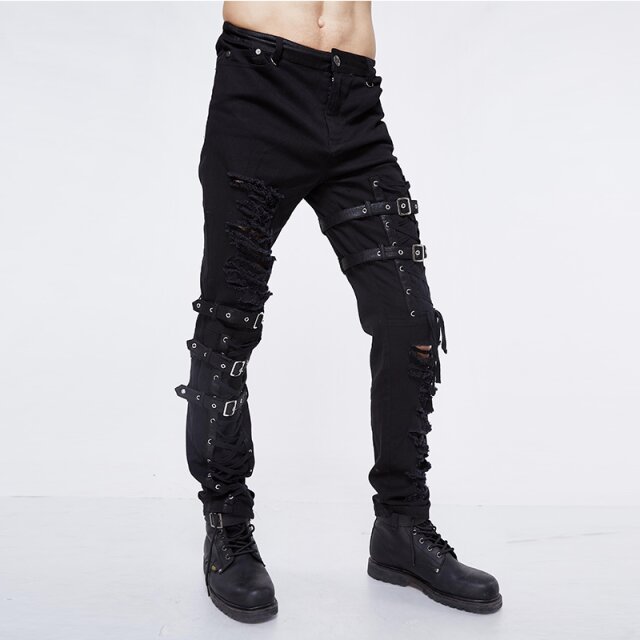 Punk- / Gothic-Stretch-Jeans Tornado in Destroyed Optik mit Riemen und Schnürung - Größe XXL
