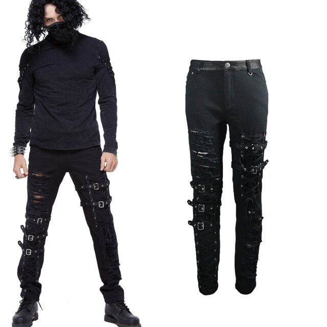 Devil Fashion schwarze Gothic Stretch Herren Hose mit Riemen und Schnürung PT092