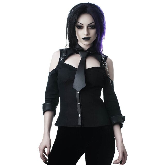KILLSTAR Kalista Teachers Pet Shirt Punk-Bluse mit Kunstlederdetails und -krawatte - Größe S