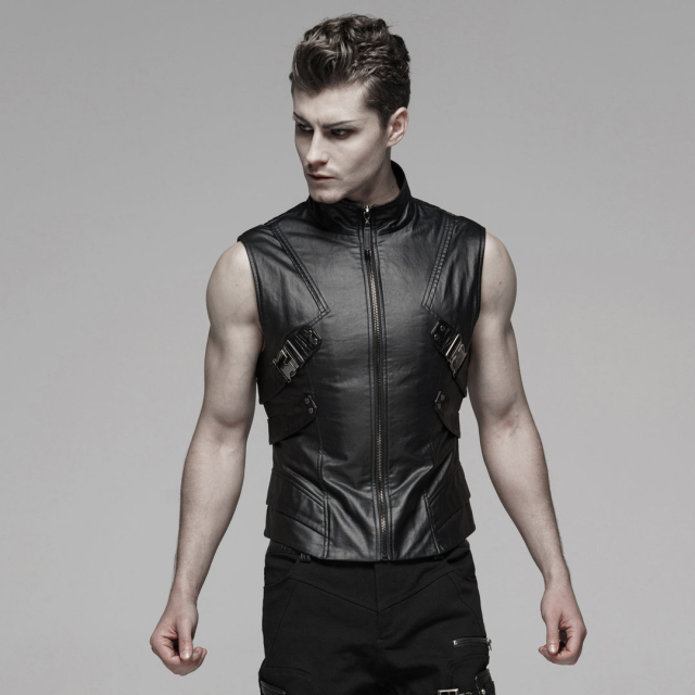 Shiny PUNK RAVE vest Cyborg with stand-up collar made of robust waxed material