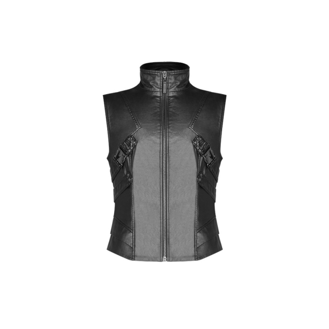 Shiny PUNK RAVE vest Cyborg with stand-up collar made of robust waxed material