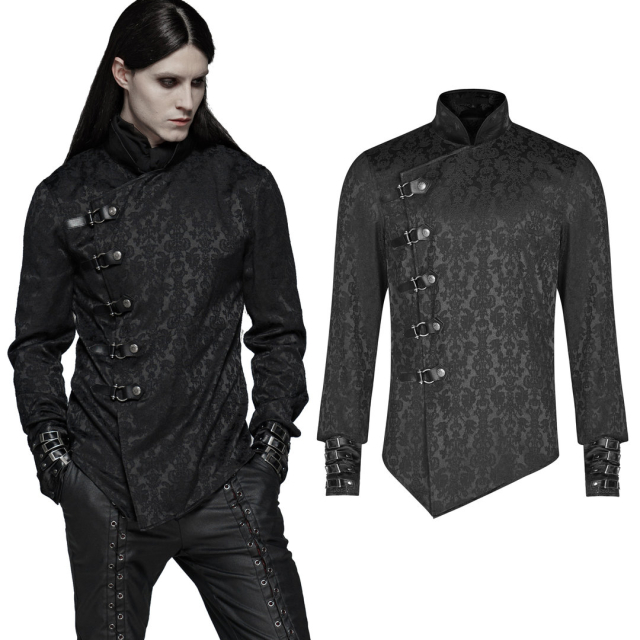 Asymmetrical PUNK RAVE brocade shirt Adamant with stand-up collar and embroidered satin cuffs