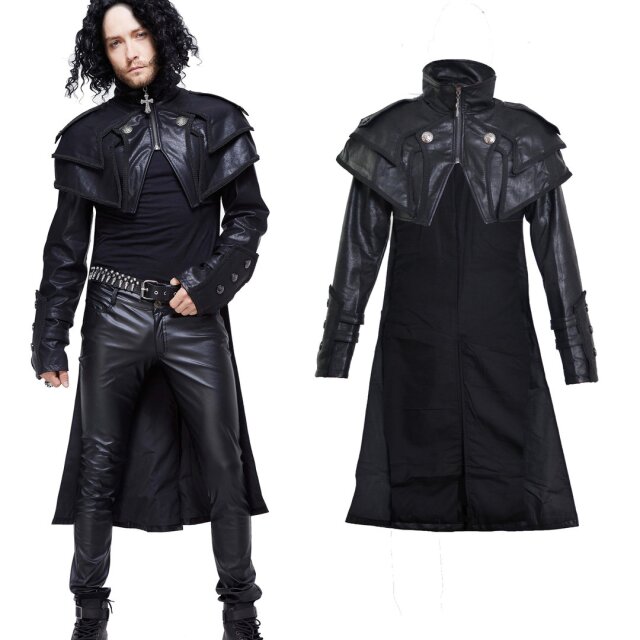 Devil Fashion Gothic Men Tops Nu Goth LARP Leather Coat with Shoulder Cape CT109