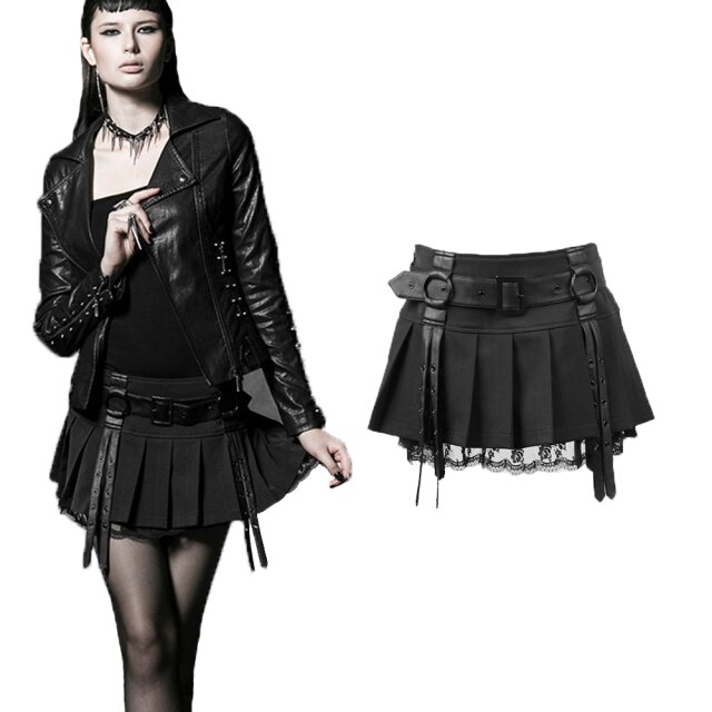 Punk Rave Black Gothic Mini Skirt Q-220BK with Pleats and Belt