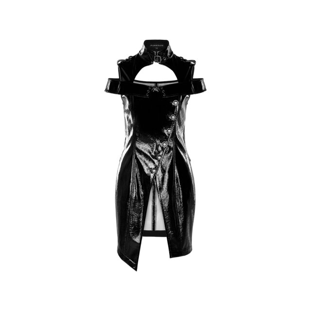 PUNK RAVE asymmetrisch geknöpftes Lack- /Wetlook-Wickelkleid Mrs Weapon XL