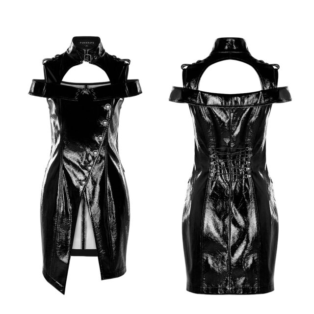 PUNK RAVE asymmetrisch geknöpftes Lack- /Wetlook-Wickelkleid Mrs Weapon 3XL