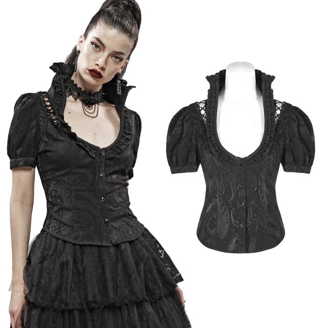 PUNK RAVE victorian short sleeve blouse WY-1129CDFBK with puff sleeves and wire reinforced collar and low neckline