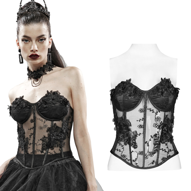 Semi-transparent ladies gothic burlesque corsage with flowers and pearls by PUNK RAVE WY-1119SYFBK