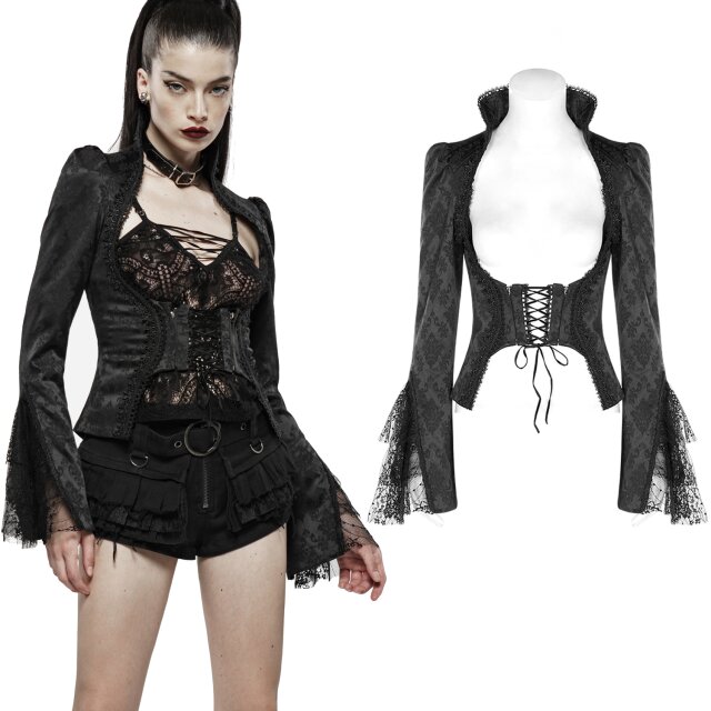PUNK RAVE Gothic jacket WY-1145BK made of fine jacquard with brocade pattern with breast-free neckline and delicate lace decoration on the sleeves.