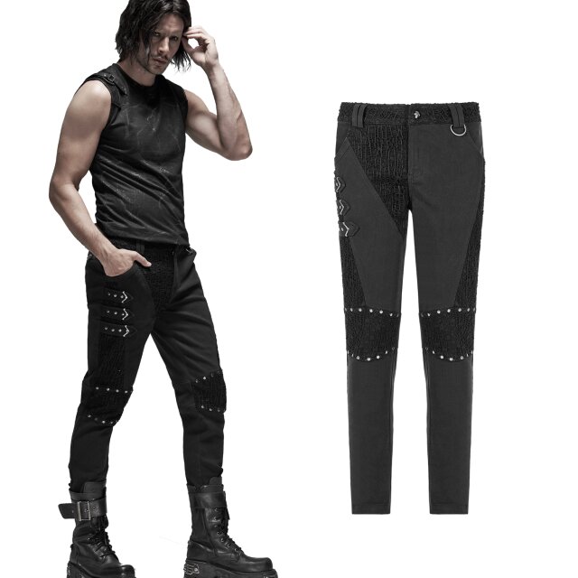PUNK RAVE schwarze Gothic-Herrenhose mit Nieten, Riemen und Netzapplikationen WK-417XCM BK