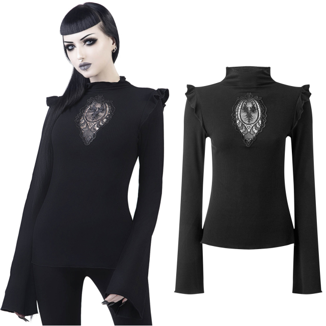 KILLSTAR Antonia Top schwarzes Damen Gothic Langarm-Shirt mit Cut-Out und Spitzenornament