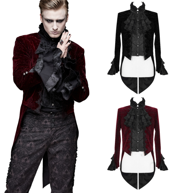 Gothic- / Steampunk velvet tailcoat CT13001 in black and CT 13002 in red-black by Devil Fashion with opulent frills