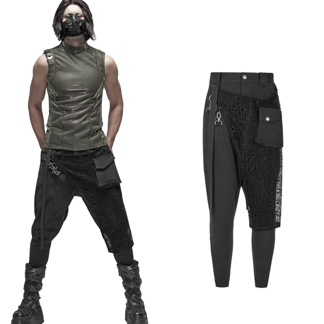 PUNK RAVE pants WK-414 in baggy cut of stretch denim with mesh detail on the leg.