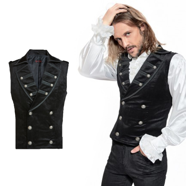 Gothic mens vest made of black velvet in uniform look, double-breasted buttoned with large lapel collar