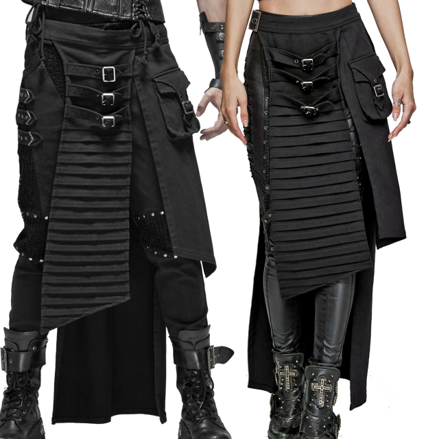 PUNK RAVE (WQ-467 BK) Ankle-length black denim half skirt / overskirt in the look of scale armour with straps, buckles and practical pocket.