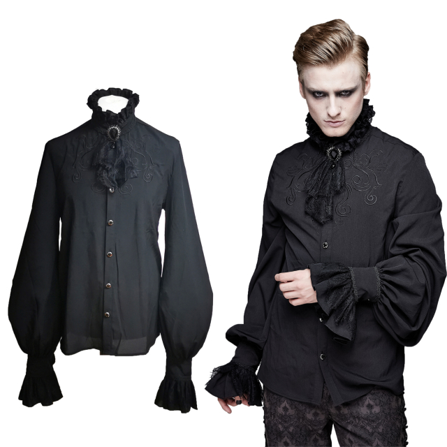 Schwarzes Gothic-Rüschenhemd mit weiten Ärmeln mit Spitze und Brosche Devil Fashion SHT04101