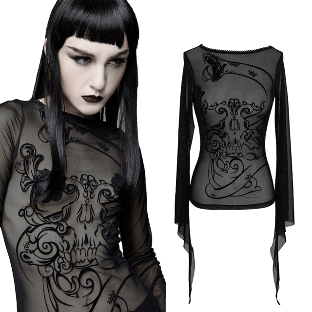 Devil Fashion Langarm-Mesh-Shirt TT124 mit Tattoo-Flock. Damen Gothic Top