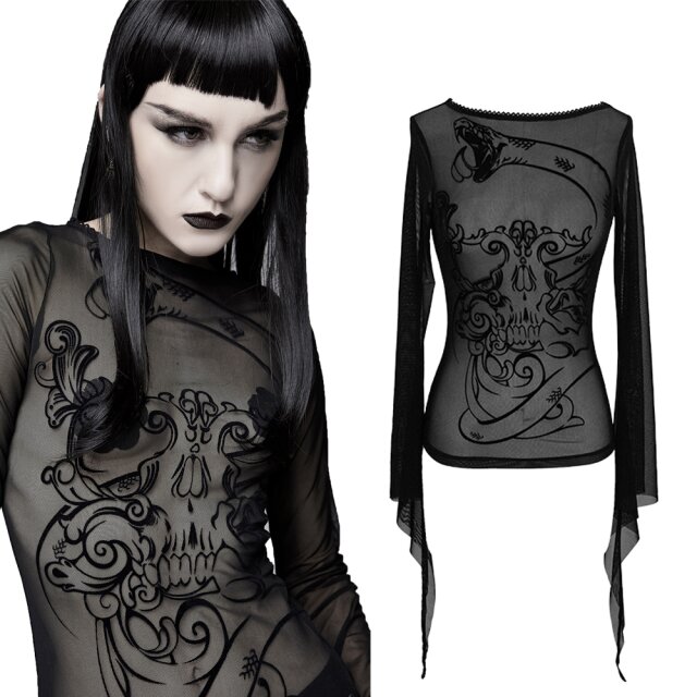 Devil Fashion long sleeve mesh shirt TT124 with tattoo flock. Gothic top for women