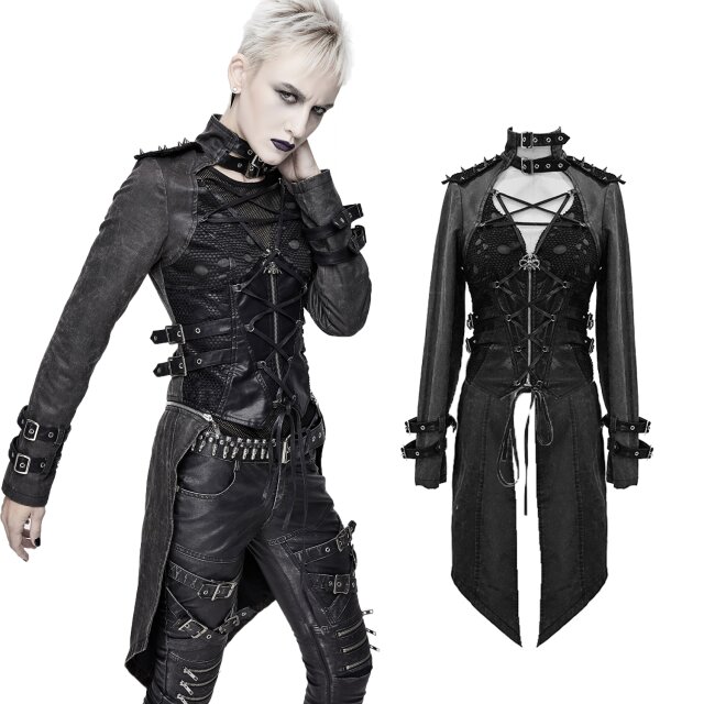 Devil Fashion Punk-Zip-Off Jacke CT131 washed-out Grautöne mit Kunstleder und Netzdetails. Gothic Damenkleidung