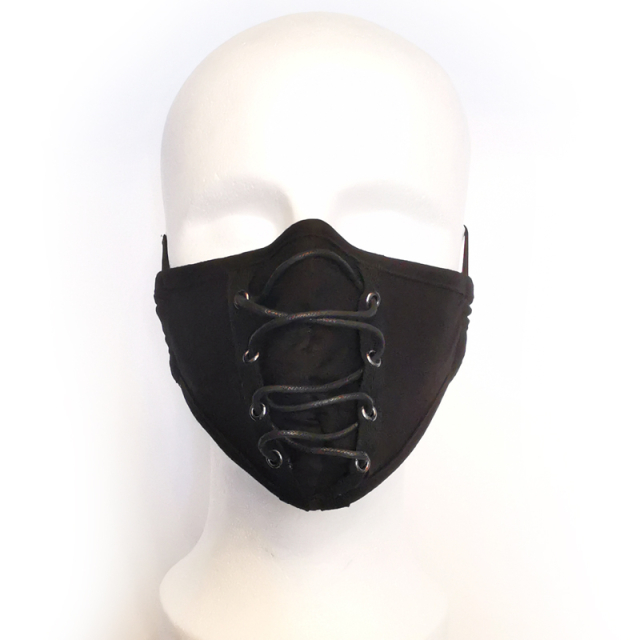 PUNK RAVE schwarze Mund-Nasenmaske mit vertikaler Zierschnürung WS-381, Corona-Maske, Schutzmaske