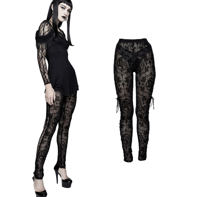 Devil Fashion Gothic leggings in black with velvety flock pattern PT10701 with skeleton cameo brocade pattern