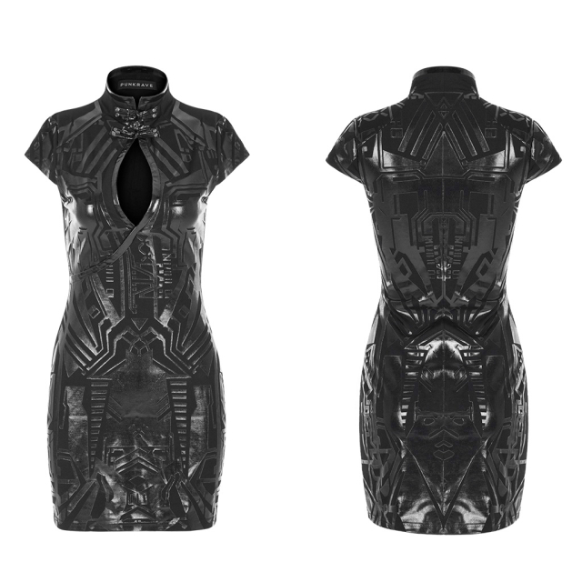 Mini dress Matrix with stand-up collar and cut-out in soft jersey with vinyl print