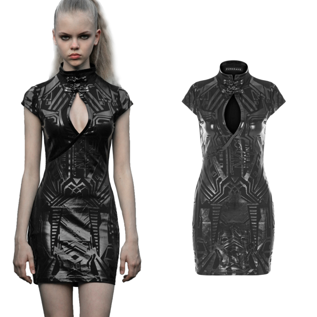 PUNK RAVE black Cyber mini dress OPQ-698 with vinyl print, stand-up collar and big cut-out. Gothic fashion for women