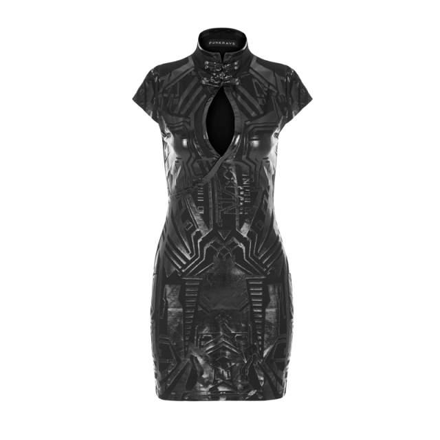 Mini dress Matrix with stand-up collar and cut-out in soft jersey with vinyl print