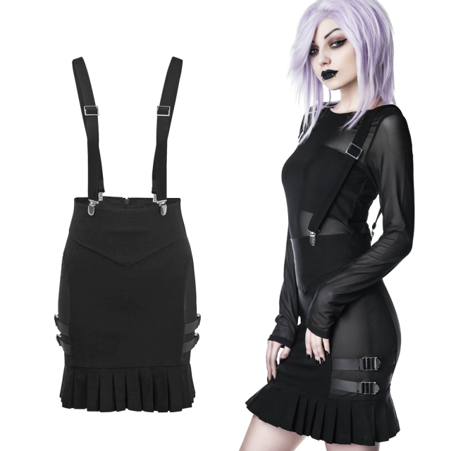 KILLSTAR Synth Suspender Skirt with pleated hem, mesh panels and removable straps