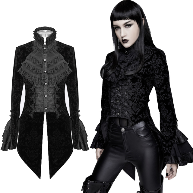 Devil Fashion CT13301 Schwarzer Damenfrack aus Samt mit mit Rüschen vorne. Viktorianische Gothic Kleidung
